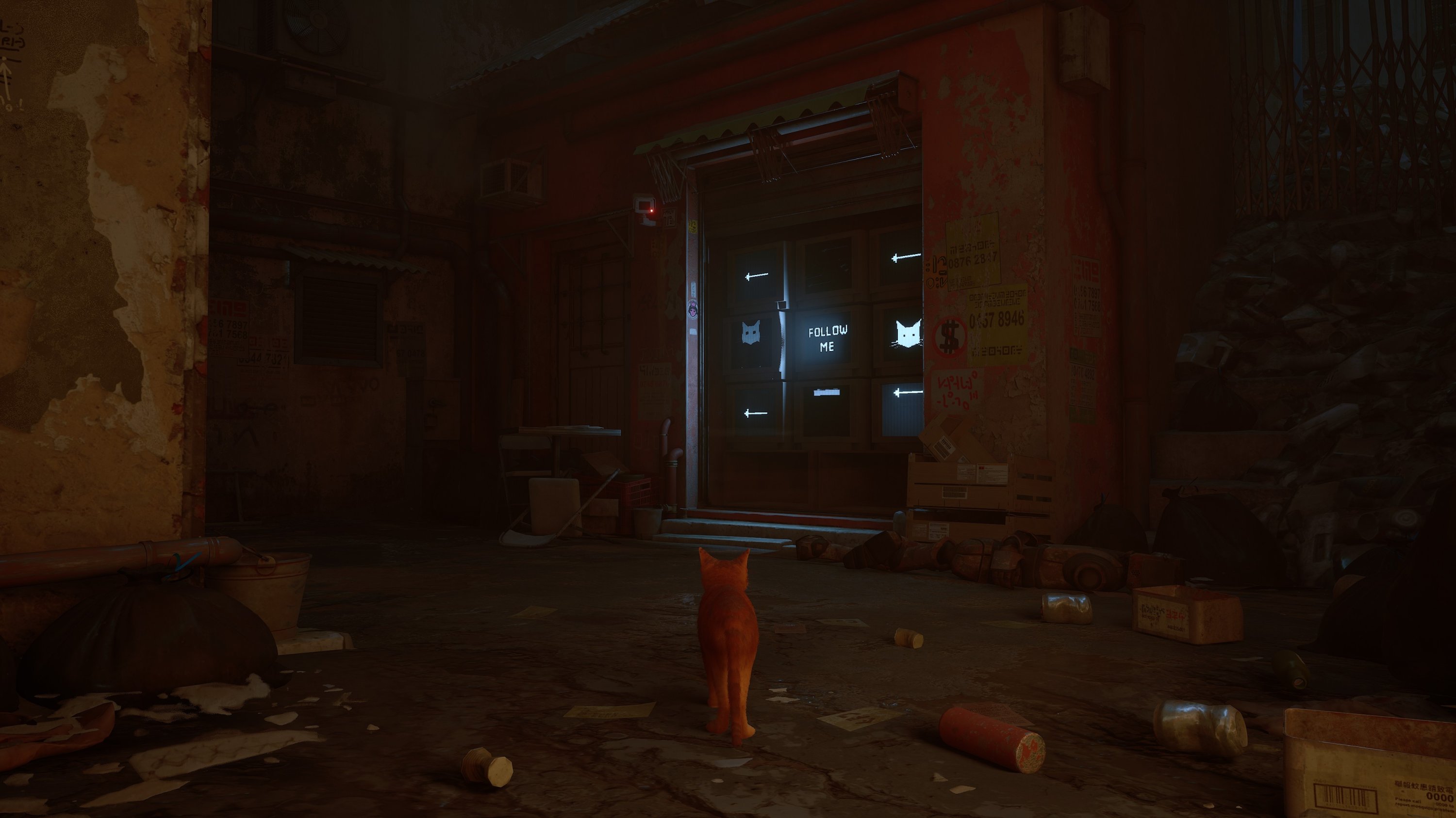 Kecerdasan misterius memandu kucing, dalam tangkapan layar dari video game Stray.