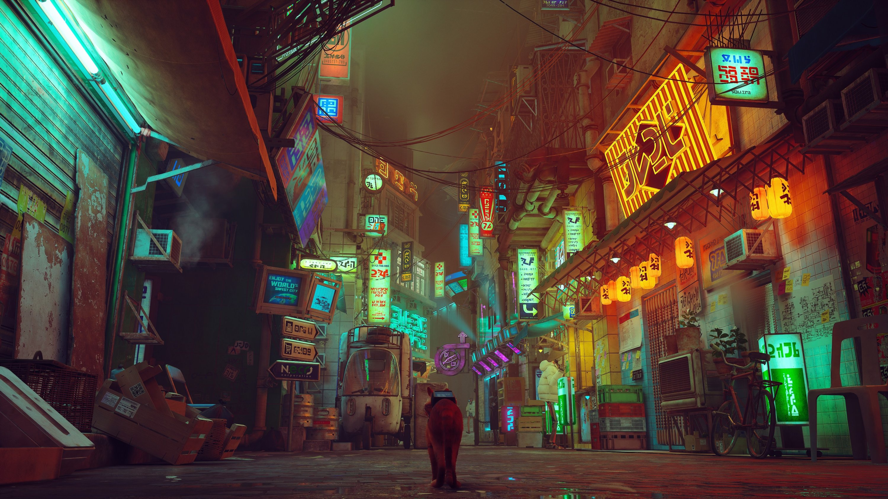 Dunia distopia ini terkadang menjadi latar cyberpunk yang dipenuhi neon, dalam tangkapan layar dari video game Stray.
