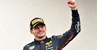 Red Bull Racing's Max Verstappen celebrates winning the F1 Hungarian Grand Prix, Budapest, Hungary, July 31, 2022. (AFP Photo)