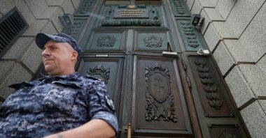 A member of the Russian National Guard leaves the building of Russia's Supreme Court before a hearing on whether to designate Ukraine's Azov Regiment as a terrorist entity in Moscow, Russia, Aug. 2, 2022. (Reuters Photo)