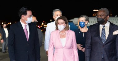 This handout picture taken and released by Taiwan Ministry of Foreign Affairs (MOFA) shows Speaker of the US House of Representatives Nancy Pelosi being welcomed upon her arrival at Sungshan Airport in Taipei, Aug. 2, 2022. (Photo by Handout / Taiwan&#039;s Ministry of Foreign Affairs (MOFA) / AFP)
