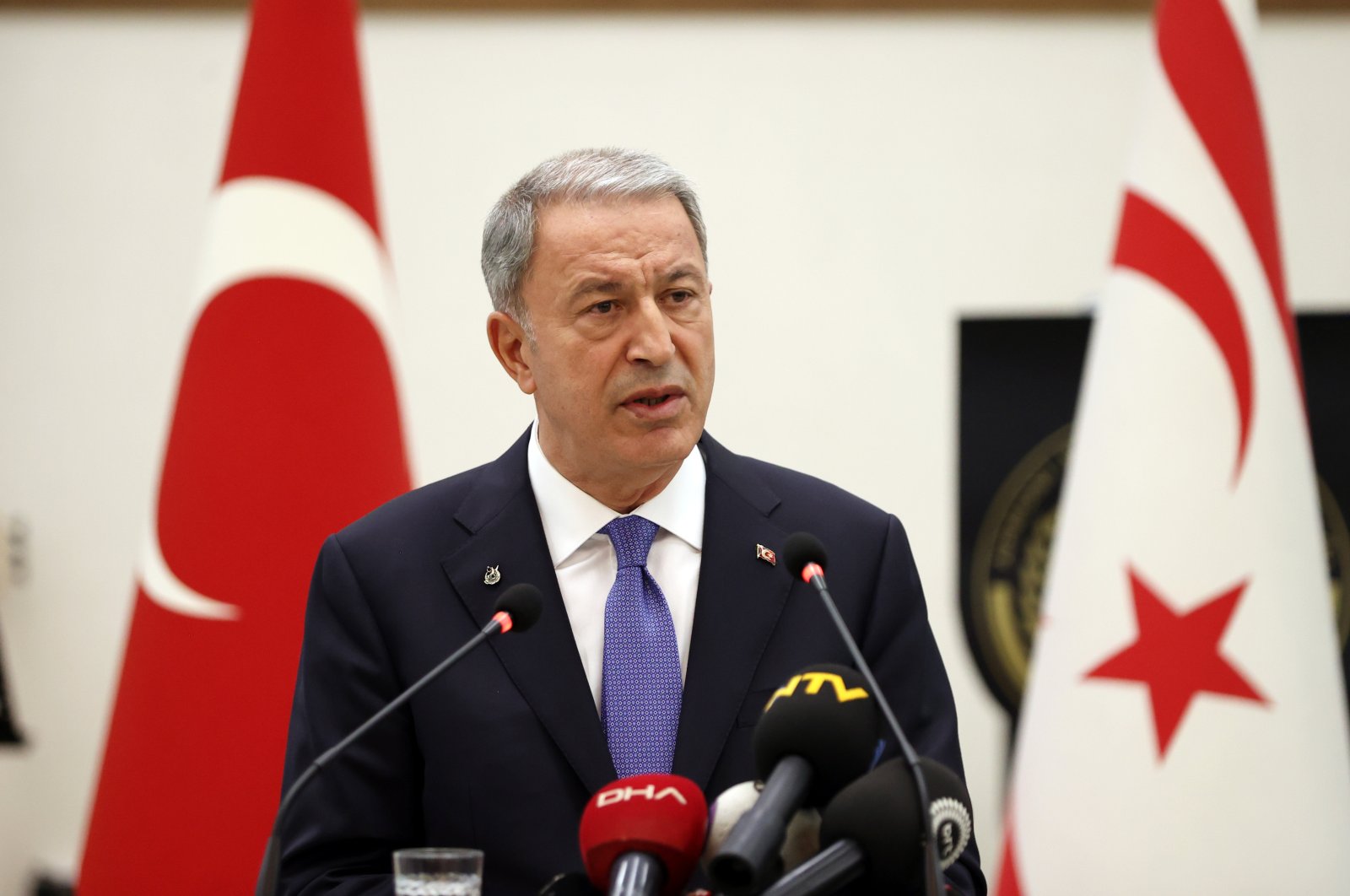 Defense Minister Hulusi Akar speaks at the Turkish Republic of Northern Cyprus (TRNC) Social Resistance and Armed Forces Day Reception in the capital Ankara, Turkey, Aug. 2, 2022. (AA Photo)