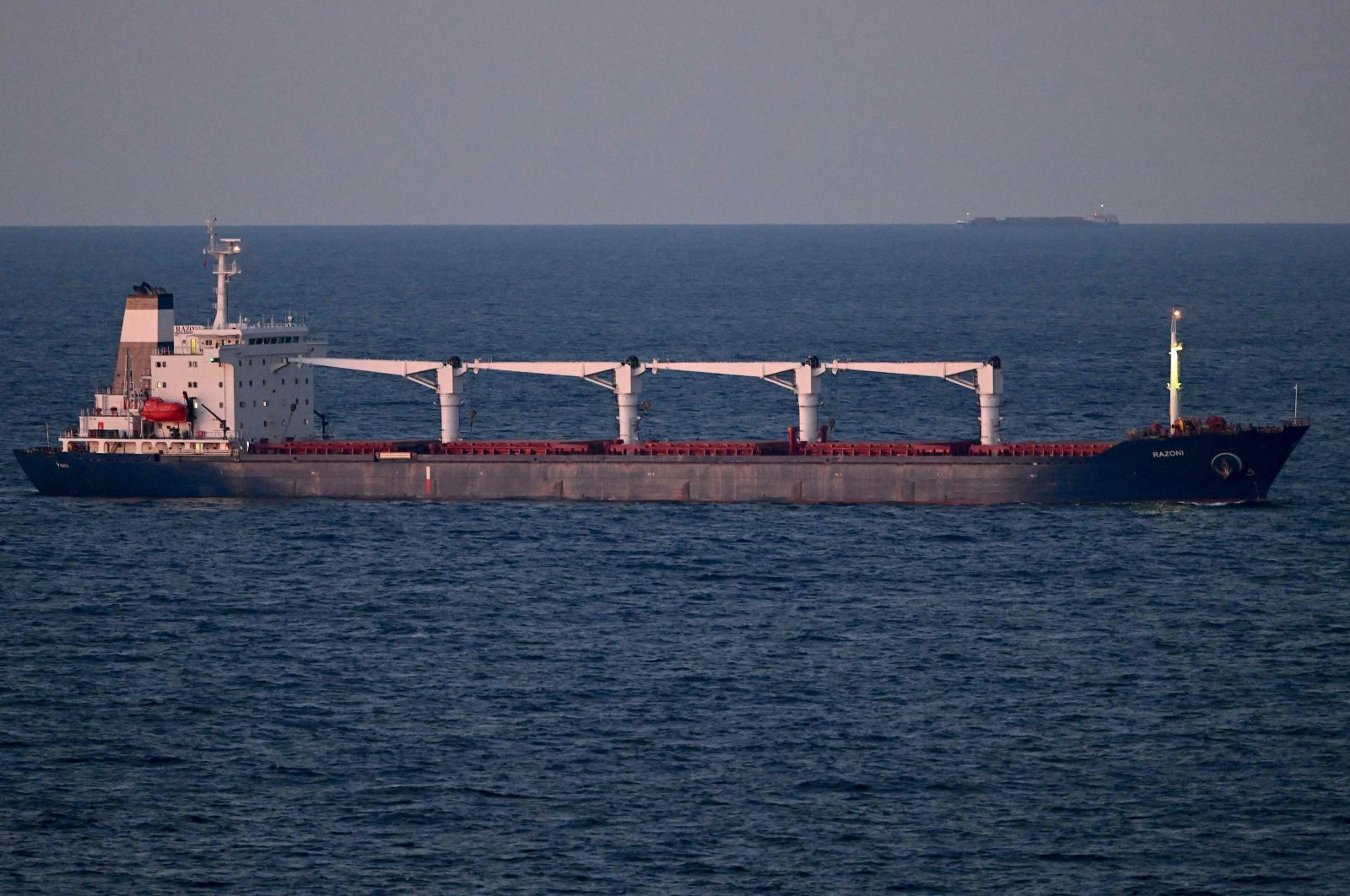 The Sierra Leone-flagged cargo ship Razoni carrying 26,000 tonnes of corn seen off shore northwest of Istanbul, Turkey, Aug. 2, 2022. (AFP Photo)