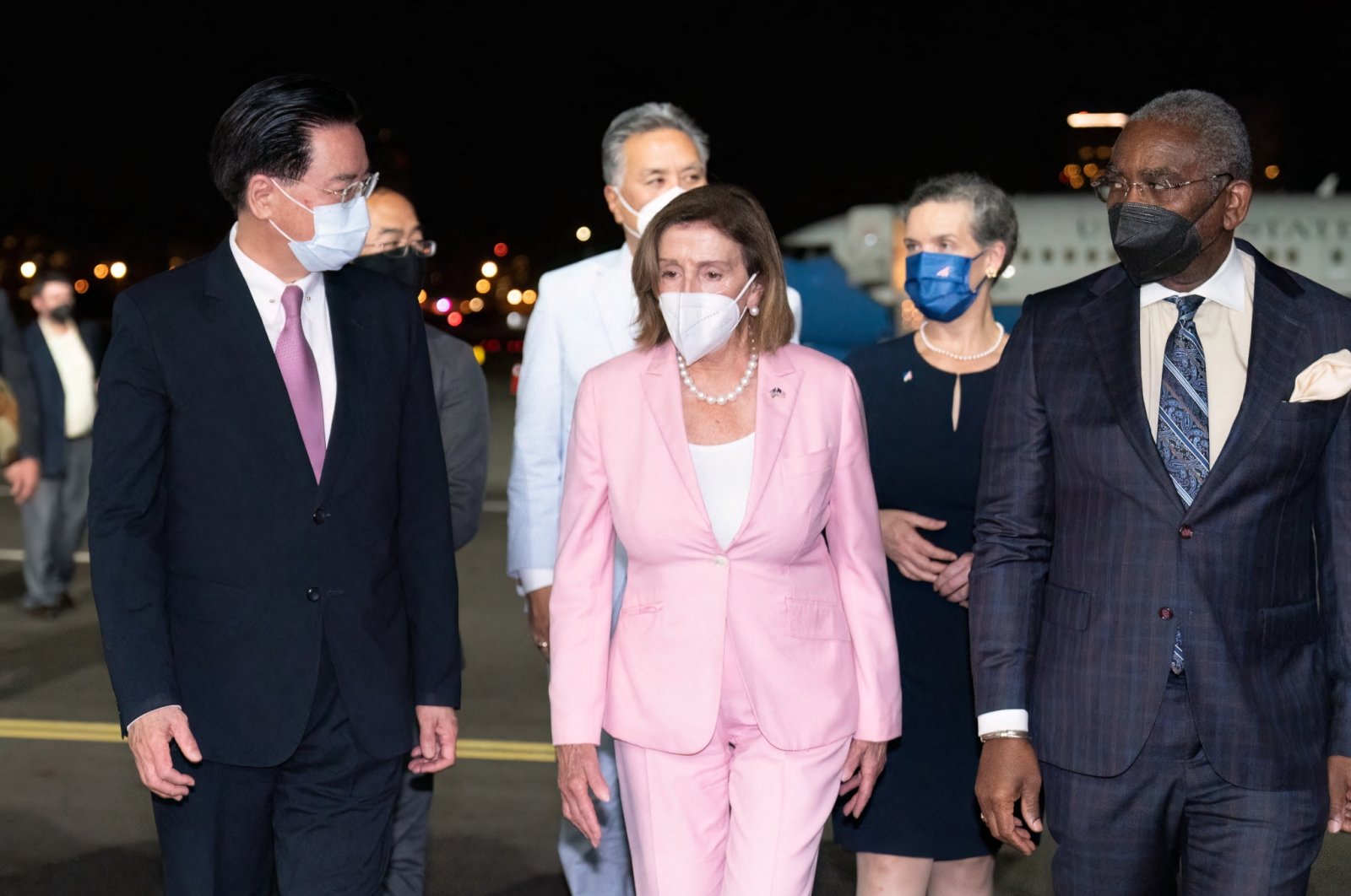 This handout picture taken and released by Taiwan Ministry of Foreign Affairs (MOFA) shows Speaker of the US House of Representatives Nancy Pelosi being welcomed upon her arrival at Sungshan Airport in Taipei, Aug. 2, 2022. (Photo by Handout / Taiwan&#039;s Ministry of Foreign Affairs (MOFA) / AFP)