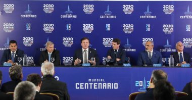 CONMEBOL and football officials from Argentina, Chile, Uruguay and Paraguay at a press conference for the FIFA World Cup of 2030, Montevideo, Uruguay, Aug. 2, 2022. (EPA Photo)