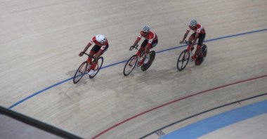 Track cyclists train for the 5th Islamic Solidarity Games in a veledrome, Konya, Turkey, Aug. 2, 2022. (IHA Photo) 