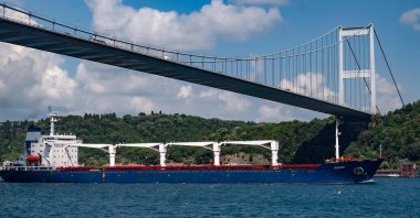 Sierra Leone-flagged cargo vessel Razoni sails along the Bosporus Strait past Istanbul, Aug. 3, 2022. (AFP Photo)