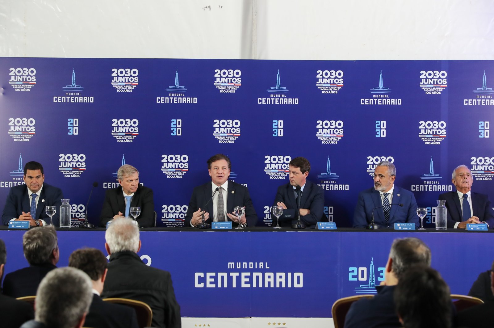 CONMEBOL and football officials from Argentina, Chile, Uruguay and Paraguay at a press conference for the FIFA World Cup of 2030, Montevideo, Uruguay, Aug. 2, 2022. (EPA Photo)