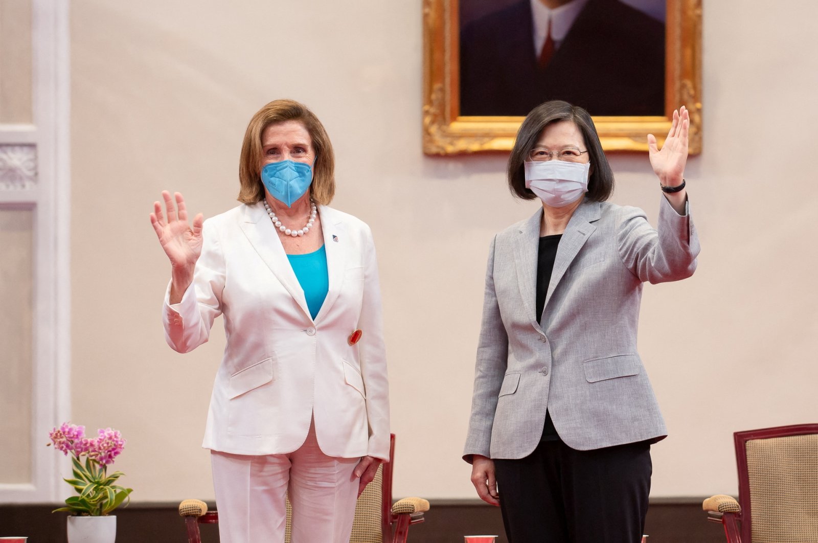 U.S. House Speaker Nancy Pelosi attends a meeting with Taiwan President Tsai Ing-wen at the presidential office in Taipei, Taiwan, Aug. 3, 2022. (Taiwan Presidential Office via Reuters)