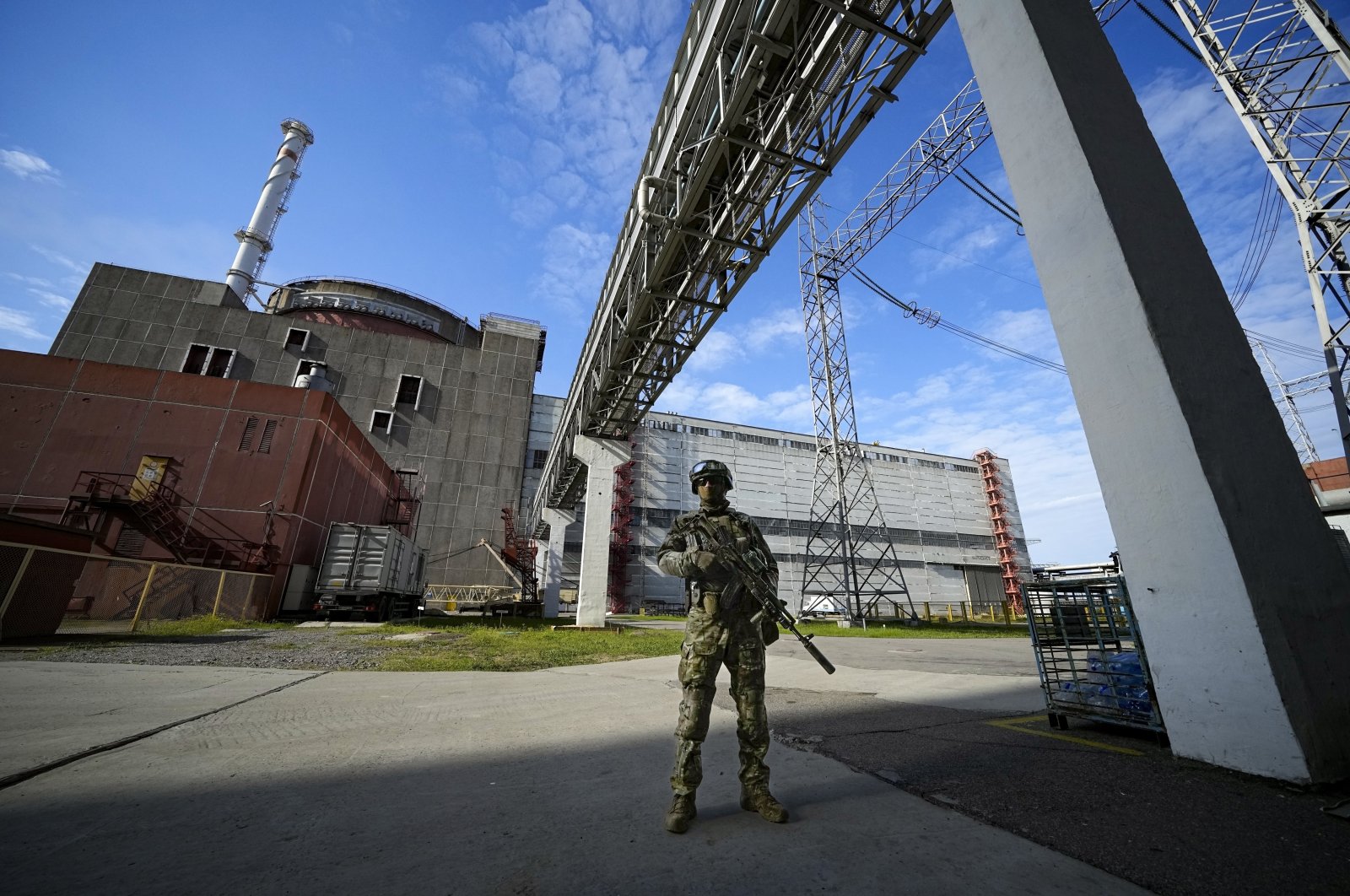 A Russian troop guards an area of the Zaporizhzhia nuclear power station in territory under Russian military control, Ukraine, May 1, 2022. (AP Photo)