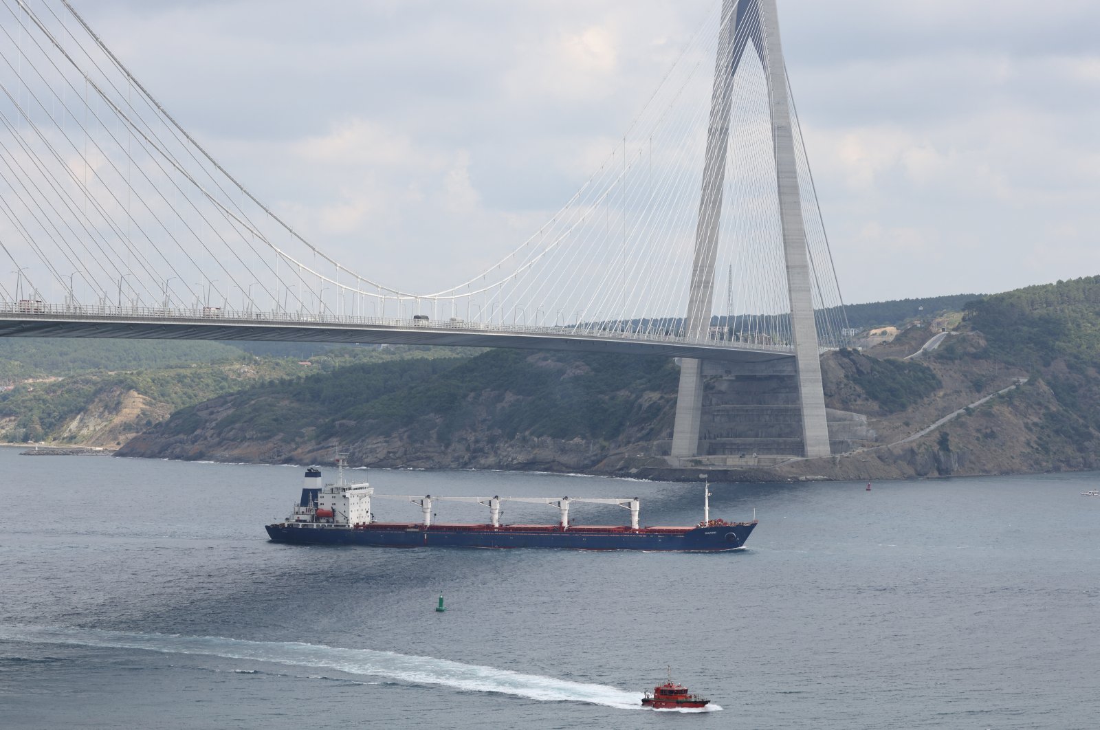 The Sierra Leone-flagged cargo ship Razoni, carrying Ukrainian grain, sails in the Bosphorus en route to Lebanon, in Istanbul, Turkey, Aug. 3, 2022. (Reuters Photo) 