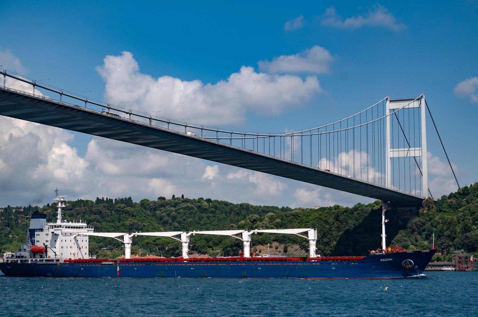 Sierra Leone-flagged cargo vessel Razoni sails along the Bosporus Strait past Istanbul, Aug. 3, 2022. (AFP Photo)