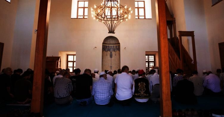 Faithful attending Friday prayers at the opening of the restored Lala Hayrettin Mosque in Istanbul, Turkey, Aug. 5, 2022. (Sabah Photo)