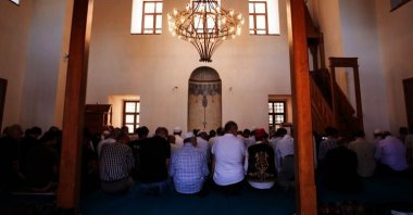 Faithful attending Friday prayers at the opening of the restored Lala Hayrettin Mosque in Istanbul, Turkey, Aug. 5, 2022. (Sabah Photo)