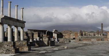 Clouds hang over the Vesuvius volcano in Pompeii, southern Italy, Jan. 25, 2021. (AP Photo)