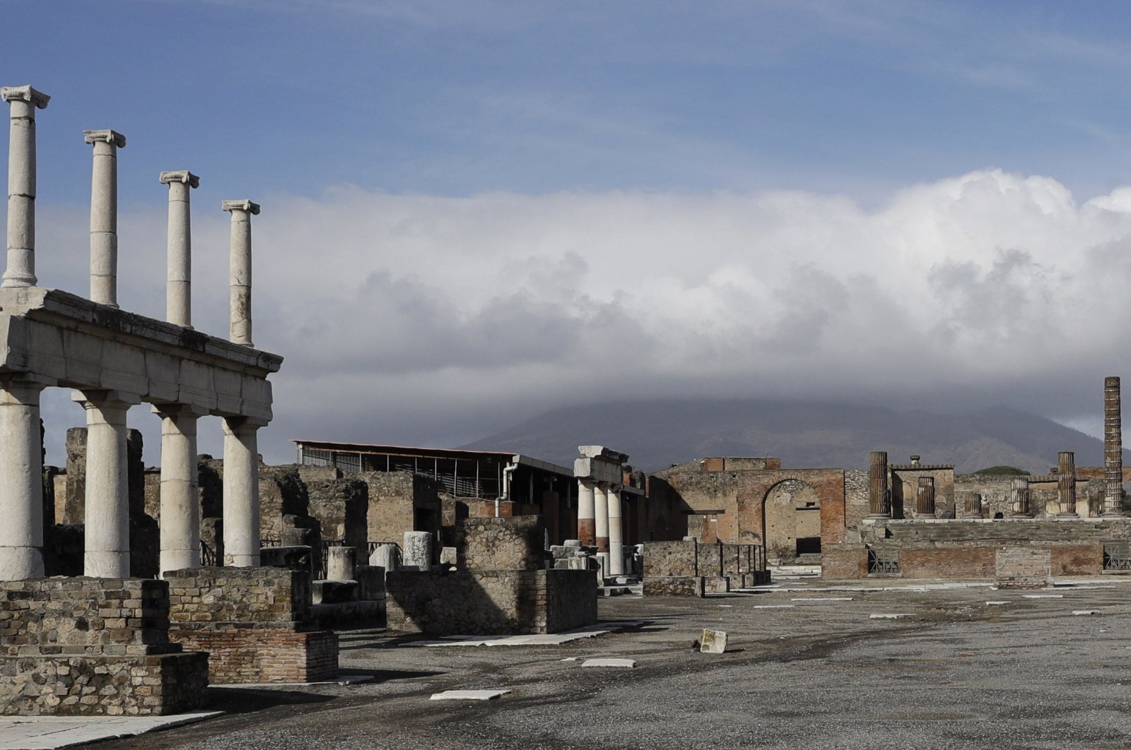 Clouds hang over the Vesuvius volcano in Pompeii, southern Italy, Jan. 25, 2021. (AP Photo)