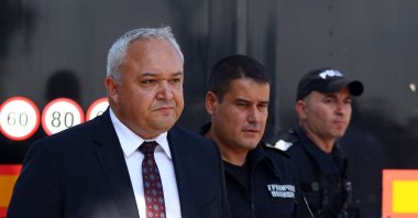 Bulgaria's caretaker Interior Minister Ivan Dermenciev speaks to reporters at the Kapitan Andreevo border gate, Aug. 7, 2022. (AA Photo)