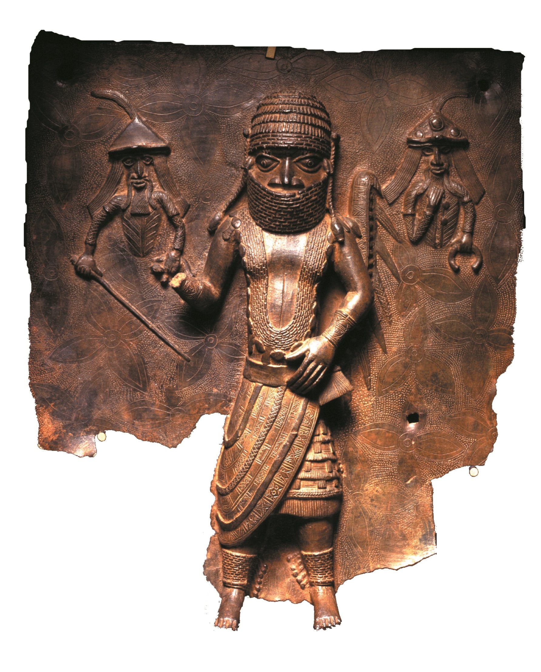 Foto selebaran yang disediakan oleh Museum dan Taman Horniman ini menunjukkan plakat paduan tembaga Benin yang mewakili pertemuan antara Kepala Benin Uwangue dan pedagang Portugis, yang digambarkan di kiri dan kanannya.  (Foto AP)