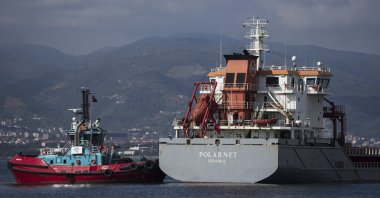 The cargo ship Polarnet arrives at Derince port in the Gulf of Izmit, Turkey, Aug. 8, 2022. (AP Photo/Khalil Hamra)