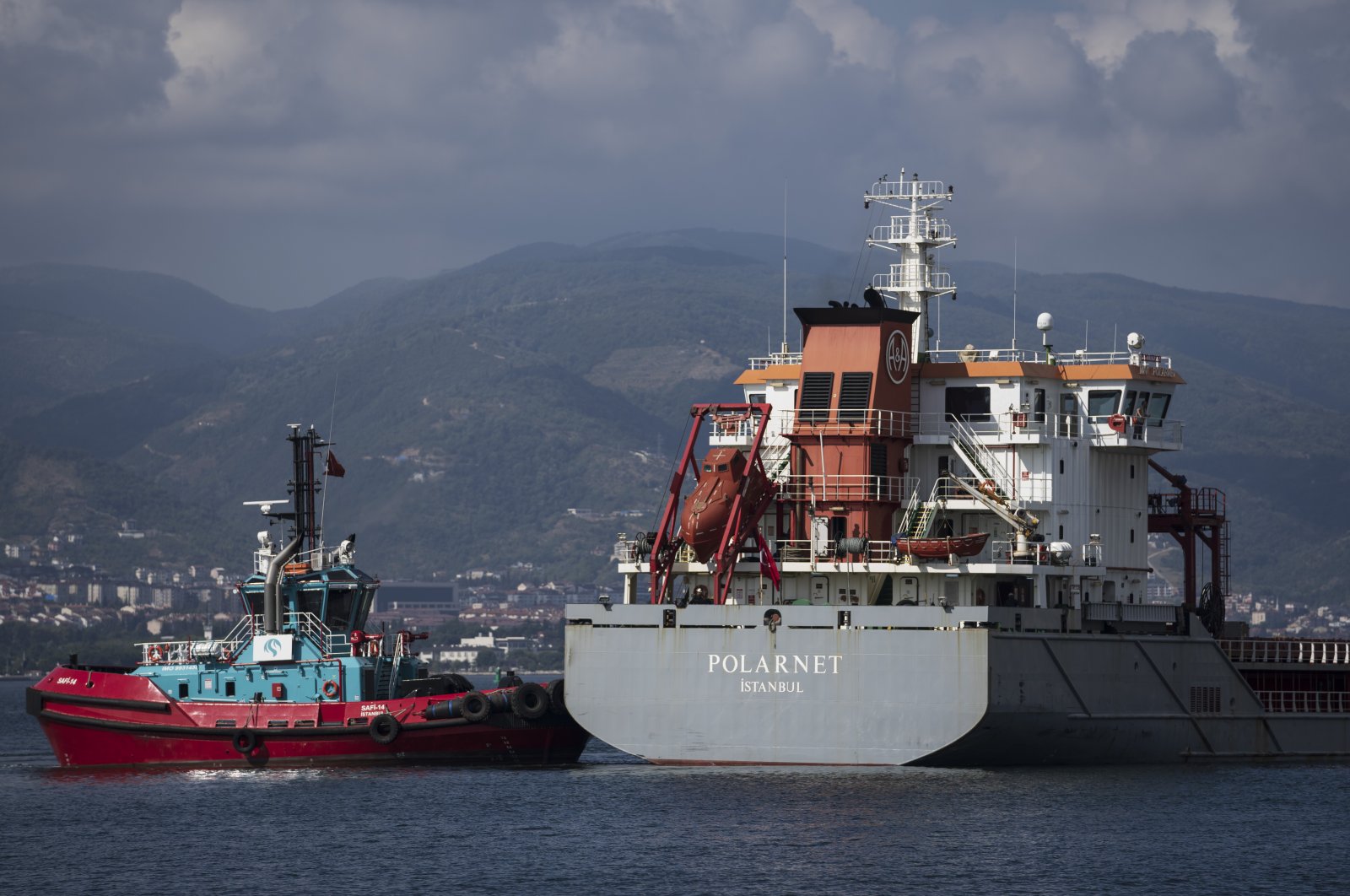 The cargo ship Polarnet arrives at Derince port in the Gulf of Izmit, Turkey, Aug. 8, 2022. (AP Photo/Khalil Hamra)