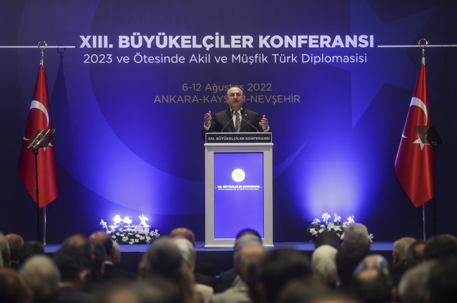 Foreign Minister Mevlüt Çavuşoğlu speaks at the opening ceremony of the 13th Ambassadors Conference in the capital Ankara, Turkey, Aug. 8, 2022. (AA)