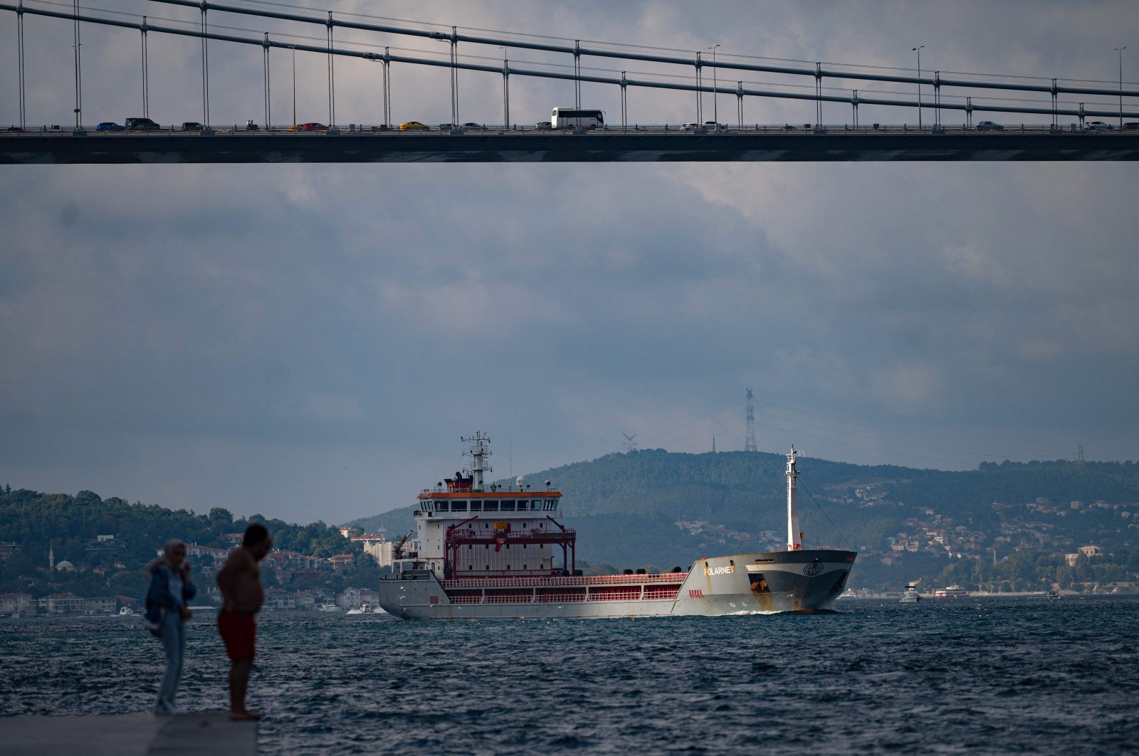 The Turkish-flagged ship Polarnet carrying tons of grain from Ukraine sails along the Bosporus Strait past Istanbul, Türkiye, Aug. 7, 2022. (AFP Photo)