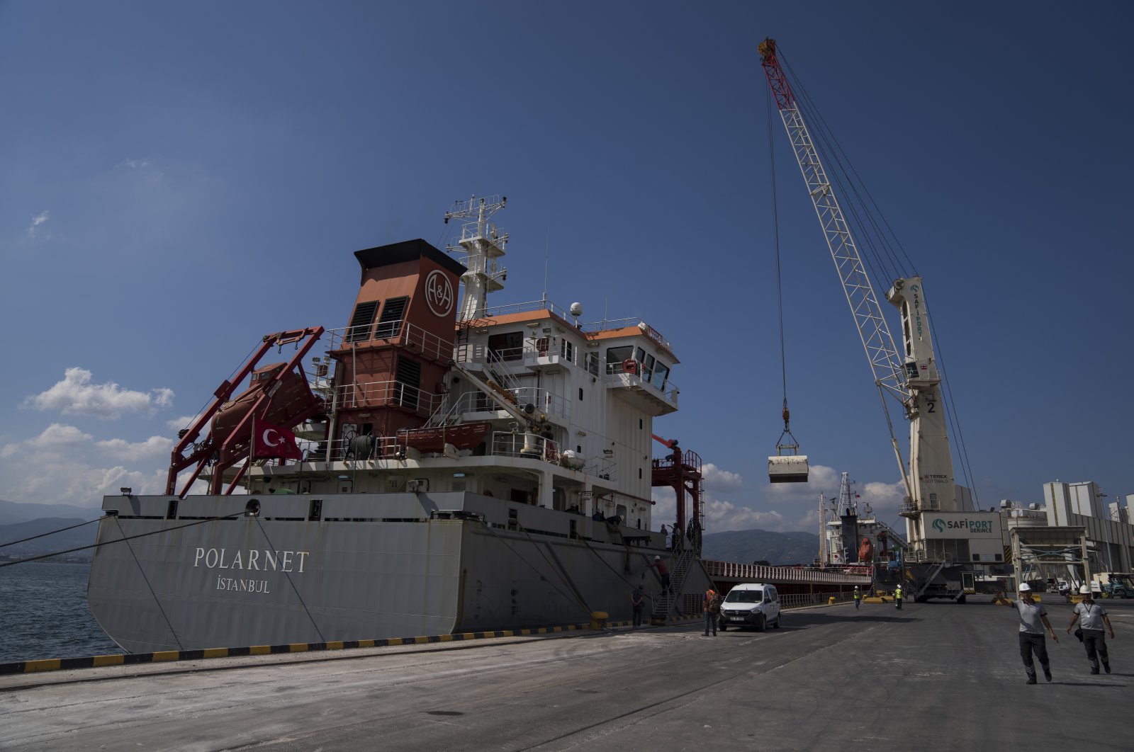 The cargo ship Polarnet arrives at Derince port in the Gulf of Izmit, Türkiye, Monday, Aug. 8, 2022. (AP Photo)