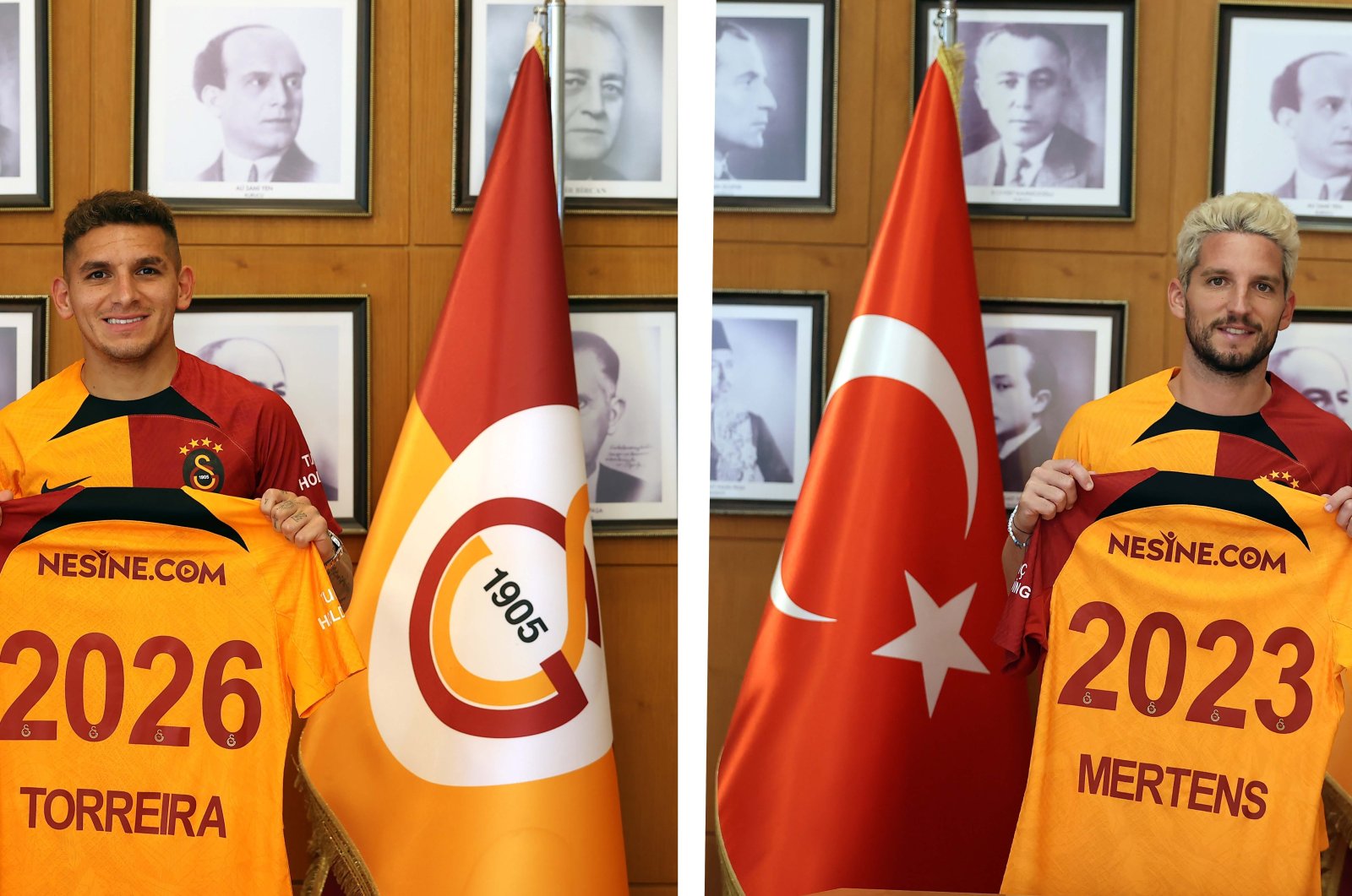 Uruguay midfielder Lucas Torreira (L) and Belgium forward Dries Mertens are officially unveiled as new Galatasaray players, Istanbul, Turkey, Aug. 8, 2022. (Photos by AA)