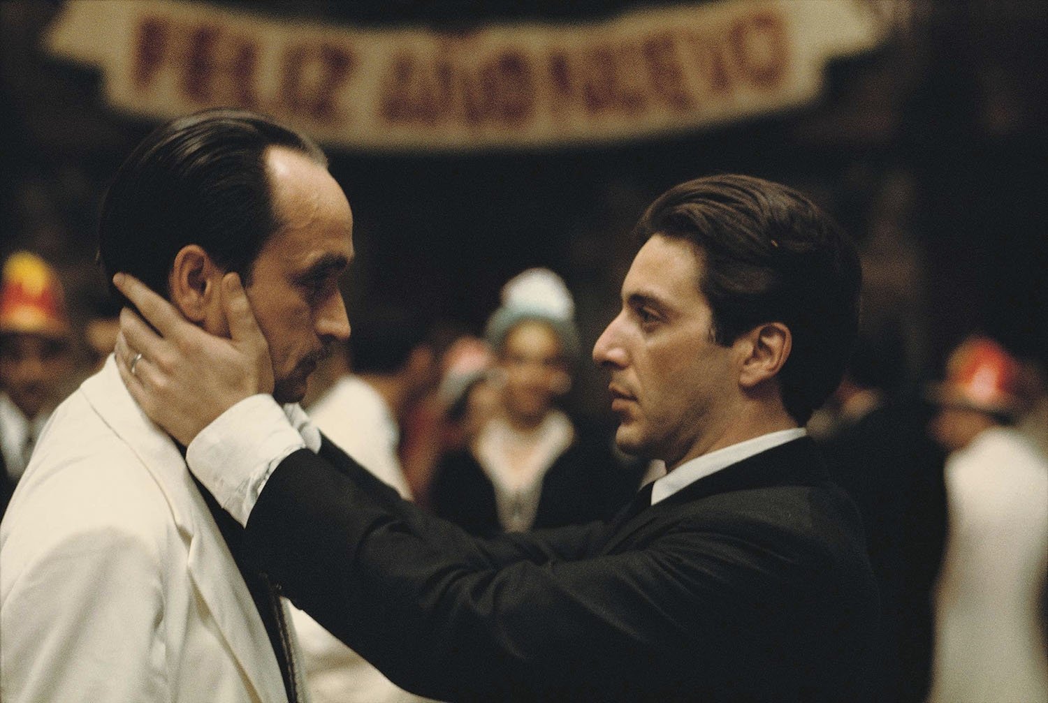 Marlon Brando (R) as mafia patriarch's son Michael Corleone in 