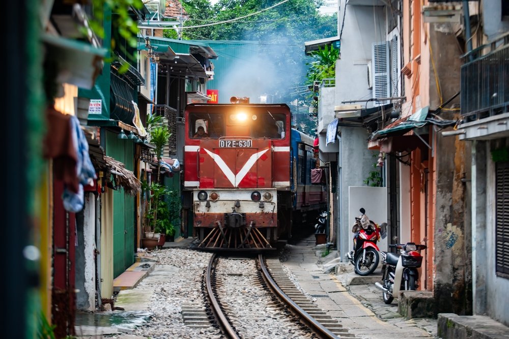 An incredible view of a train passing through a narrow street, the Hanoi Old Quarter, Hanoi, Vietnam, Oct. 17, 2020. (Shutterstock Photo)