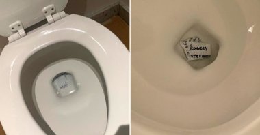 A photo combination shows scraps of handwritten notes in two toilet bowls. (Maggie Haberman via Axios)