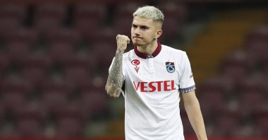 Trabzonspor's Berat Özdemir celebrates after a Süper Lig match against Galatasaray, Istanbul, Turkey, April 21, 2021. (Reuters Photo)