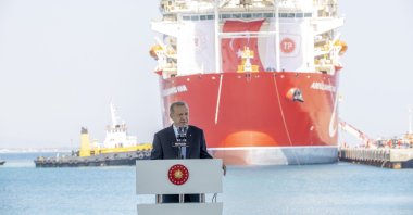 President Recep Tayyip Erdoğan speaks during the launch ceremony in front of the Abdülhamid Han, an ultra-deepwater drillship in Mersin, southern Türkiye, Aug. 9, 2022. (AA Photo)