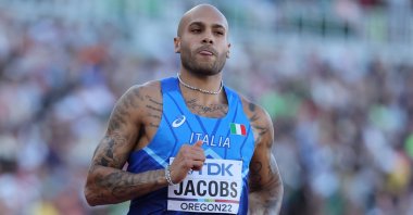 Italy's Lamont Marcell Jacobs reacts during World Athletics Championships men's 100-meter heats, Eugene, Oregon, U.S., July 15, 2022. (Reuters Photo)