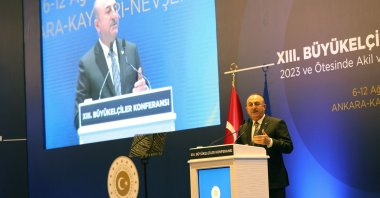 Turkish Foreign Minister Mevlüt Çavuşoğlu speaks during the 13th Ambassadors Conference in Ankara, Turkey, Aug. 8, 2022. (AFP Photo)