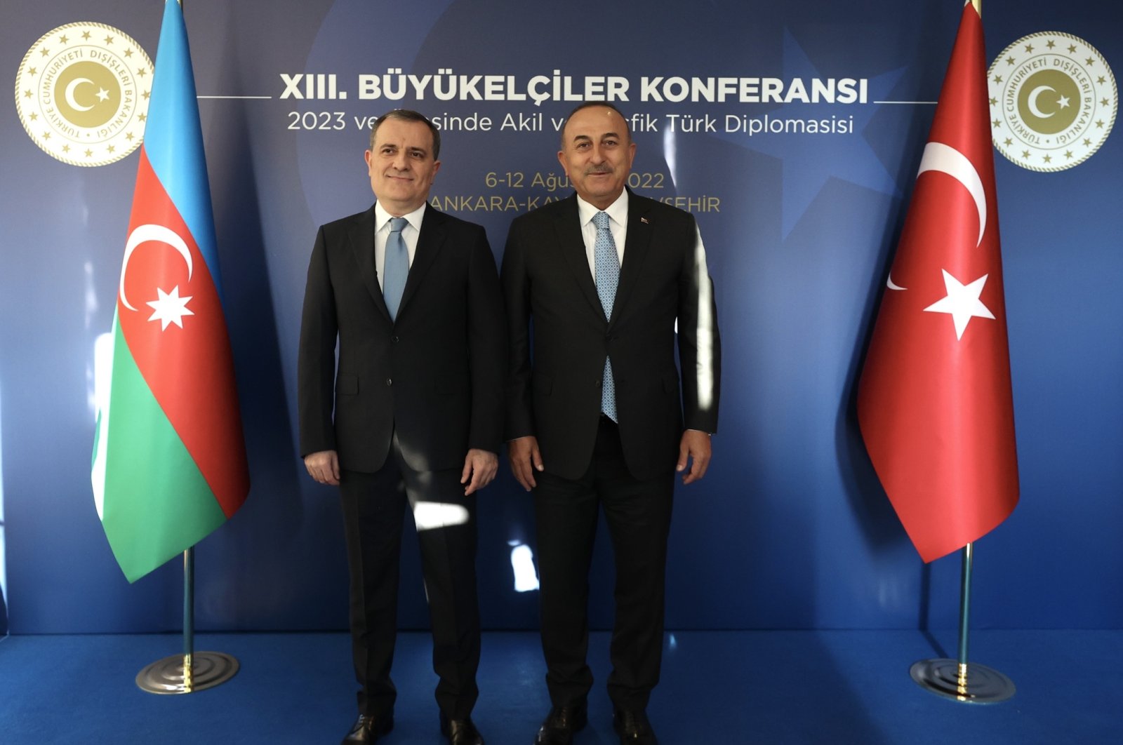 Foreign Minister Mevlüt Çavuşoğlu (R) meets with Jeyhun Bayramov, Azerbaijan&#039;s foreign minister, at the 13th Ambassadors Conference in the capital Ankara, Türkiye, Aug. 8, 2022. (AA Photo)