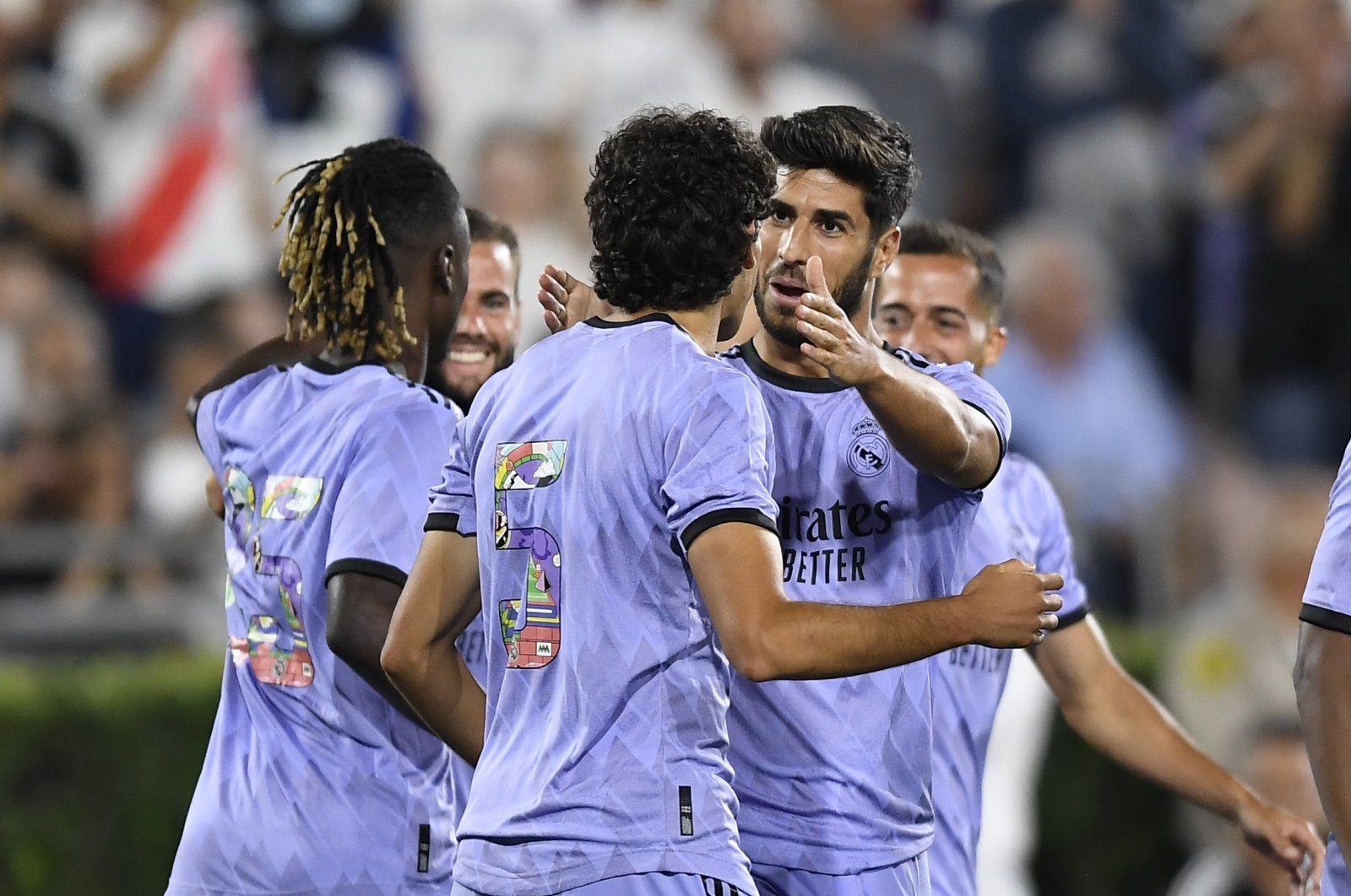 Real Madrid players celebrate a goal in friendly match against Juventus, Pasadena, California, U.S., July 30, 2022. (AFP Photo)