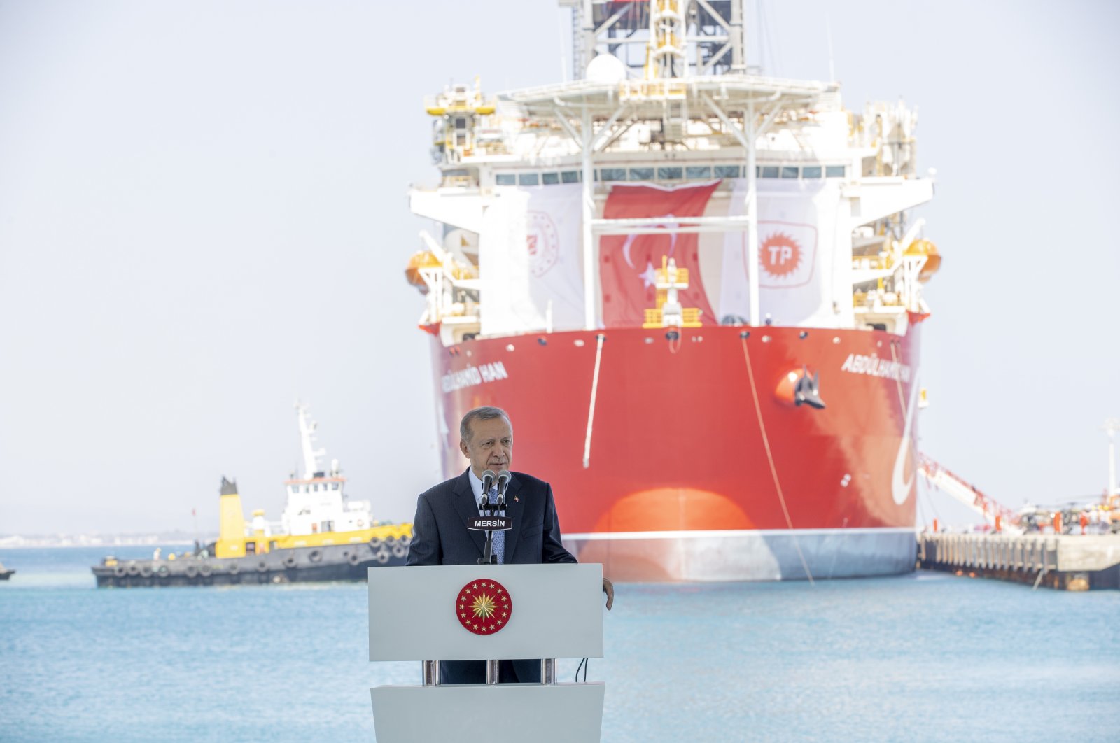President Recep Tayyip Erdoğan speaks during the launch ceremony in front of the Abdülhamid Han, an ultra-deepwater drillship in Mersin, southern Türkiye, Aug. 9, 2022. (AA Photo)