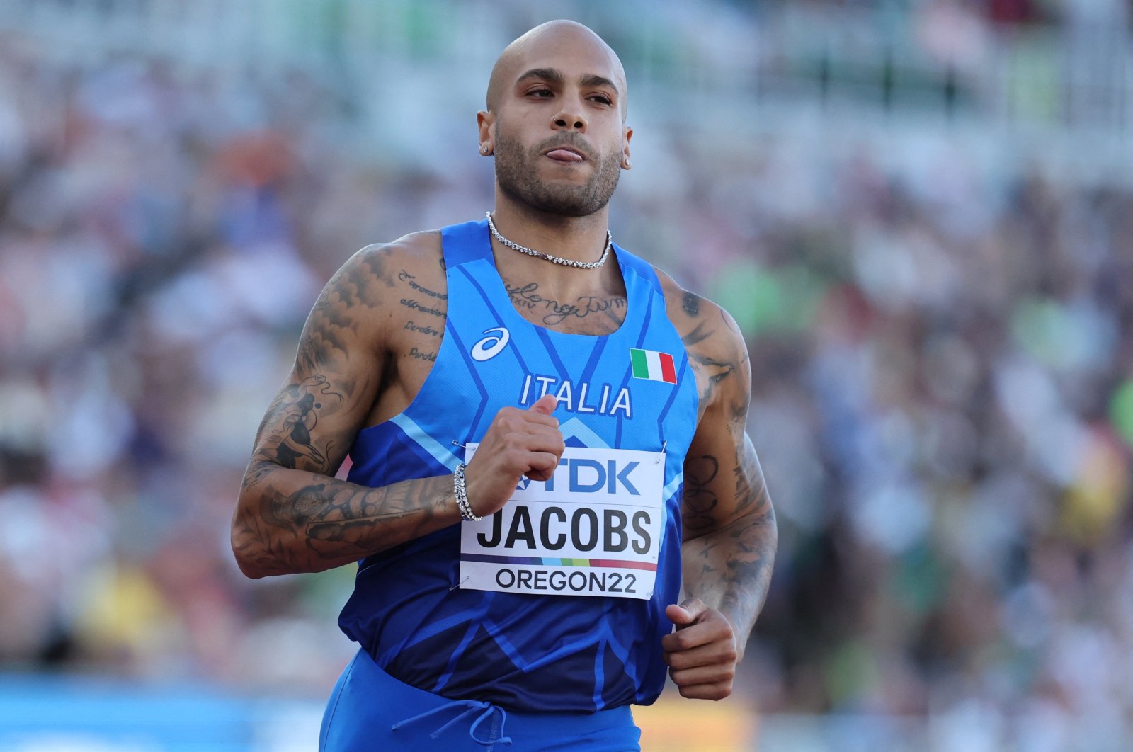 Italy&#039;s Lamont Marcell Jacobs reacts during World Athletics Championships men&#039;s 100-meter heats, Eugene, Oregon, U.S., July 15, 2022. (Reuters Photo)