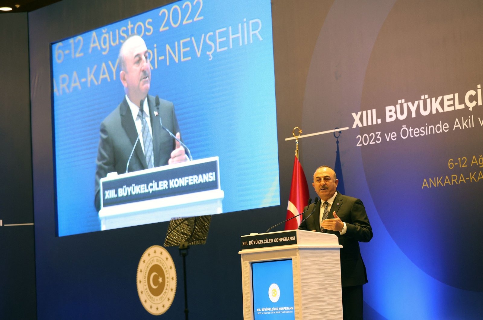 Turkish Foreign Minister Mevlüt Çavuşoğlu speaks during the 13th Ambassadors Conference in Ankara, Turkey, Aug. 8, 2022. (AFP Photo)