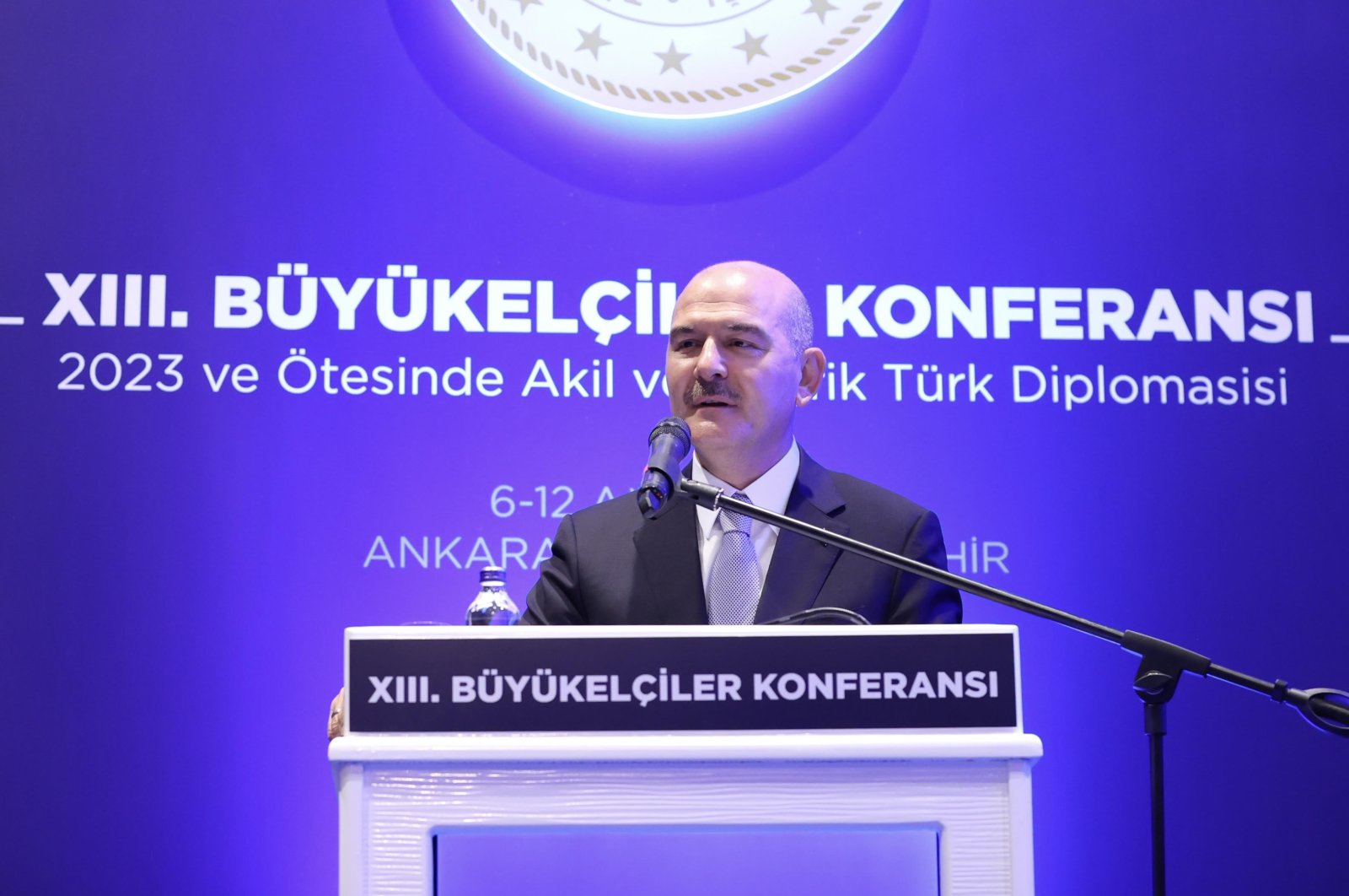 Interior Minister Süleyman Soylu speaks at the 13th Ambassadors Conference in Ankara, Türkiye, Aug. 9, 2022. (AA Photo)