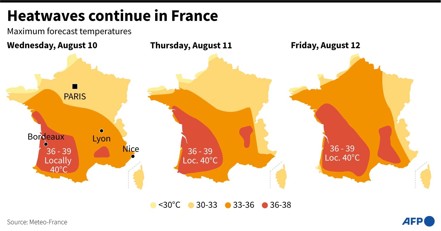Infografis ini menunjukkan suhu di Prancis pada 10 Agustus. (AFP Infographic)