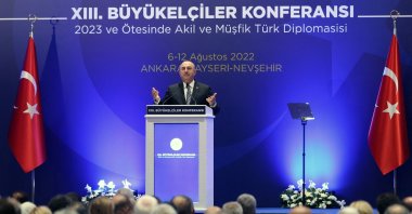 Foreign Minister Mevlüt Çavuşoğlu speaks during the 13th Ambassadors Conference in Ankara, Turkey, Aug. 8, 2022. (AFP Photo)