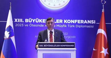 Slovenian President Borut Pahor speaks at the 13th Ambassadors Conference in the capital Ankara, Türkiye, Aug. 9, 2022. (AA)