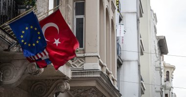 The European Union and Turkish flags fly side by side on the İstiklal Avenue, in Istanbul, Türkiye, Sept. 5, 2020. (Getty Images)