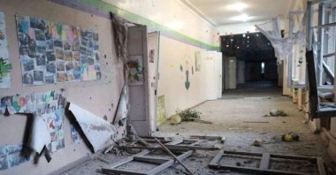 The interior of a school building damaged by a Russian military strike, as Russia's attack on Ukraine continues, in the town of Marhanets, Dnipropetrovsk, Ukraine, Aug. 10, 2022. (Press service of the State Emergency Service of Ukraine via Reuters)