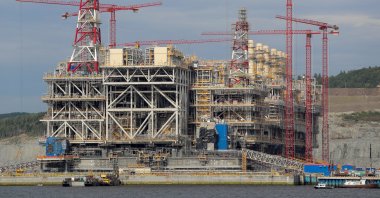 A concrete gravity-based structure (GBS) of the Arctic LNG 2 joint venture is seen under construction in a dry dock of the LNG Construction center near the settlement of Belokamenka, Murmansk region, Russia, July 26, 2022. (Reuters Photo)