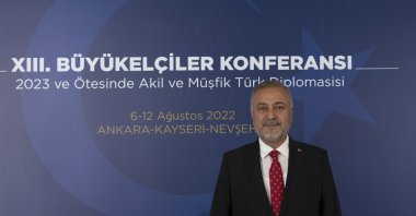 Tripoli Ambassador Kenan Yılmaz speaks at the 13th Ambassadors Conference in the capital Ankara, Türkiye, Aug. 8, 2022. (AA Photo)