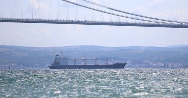 The grain ship "Razoni" sails through the Çanakkale strait in Türkiye, Aug. 4, 2022. (AA Photo)