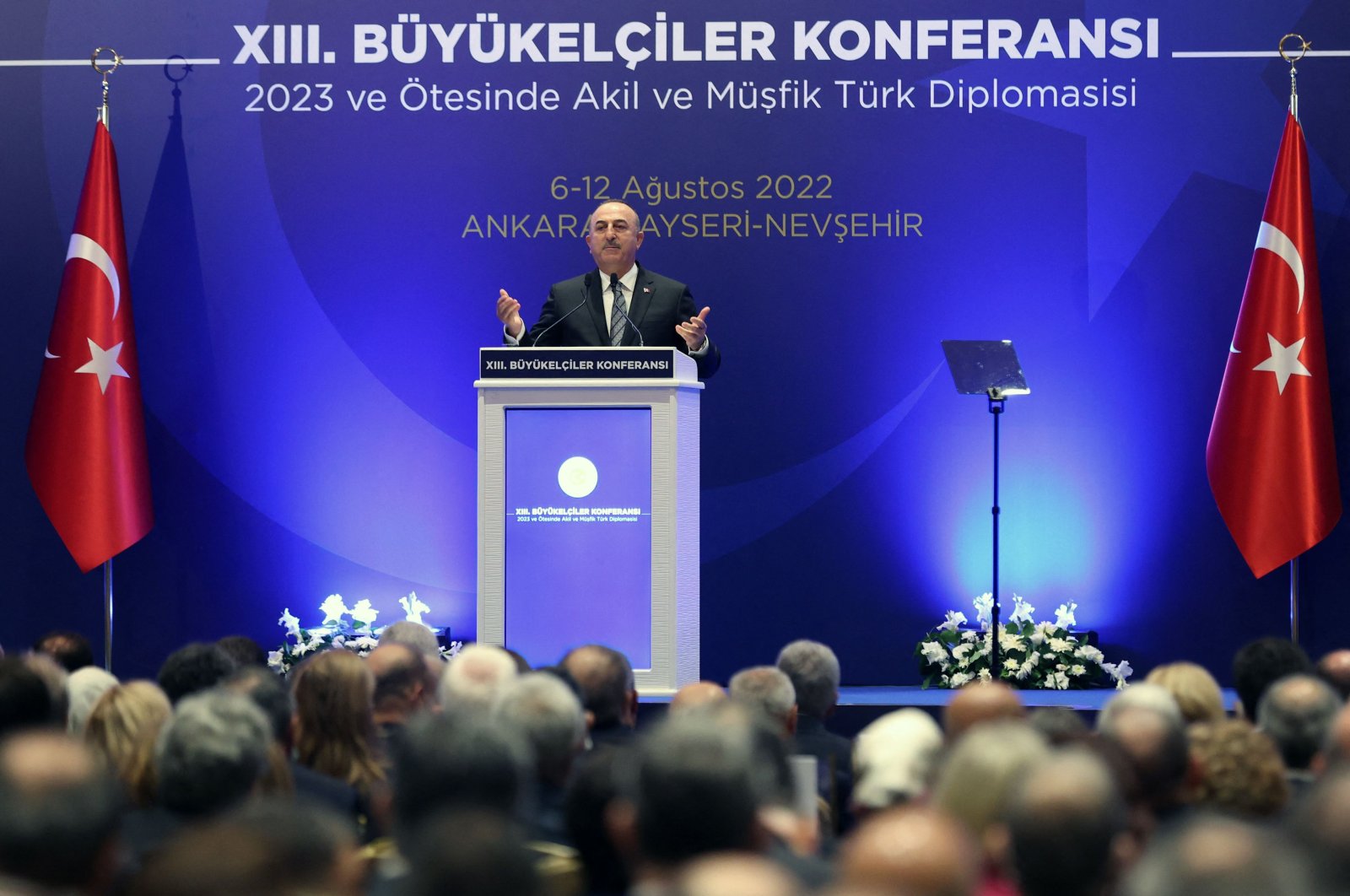 Foreign Minister Mevlüt Çavuşoğlu speaks during the 13th Ambassadors Conference in Ankara, Turkey, Aug. 8, 2022. (AFP Photo)